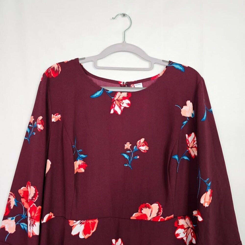 OLD NAVY Fit & Flare Dress size L Long Flute Sleeves BURGUNDY RED Floral Cute! - Picture 5 of 11